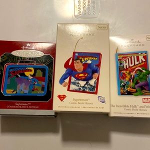Hallmark ornaments, 3 superman, superman, lunchbox, and hulk